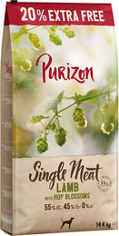 Produktbild von 12 kg + 20% gratis! 14,4 kg Purizon Trockenfutter - getreidefrei - Single Meat Lamm mit Hopfenblüten