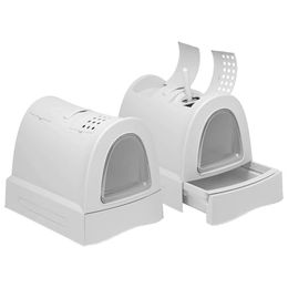 Produktbild von 2er Sparpack Katzentoilette Haubentoilette mit Schublade Tragegriff Staufach Kohlefilter Hellgrau (22,50 &euro; pro 1 Stück)