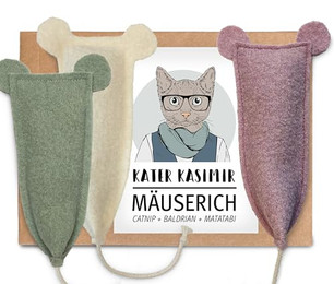 Produktbild von 3 XL Spielmäuse mit Katzenminze, Baldrian und Matatabi aus Schurwolle