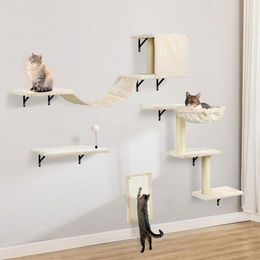 4-teiliges Katzen Klimwandset aus Holz in Beige – Bild 1 von 1