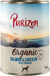 Produktbild von 6 x 400 Purizon Nassfutter zum Probierpreis! - Organic - Lachs und Huhn mit Spinat
