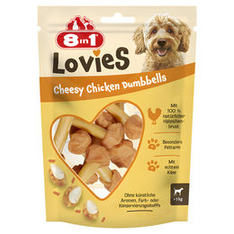 Produktbild von 8in1 Lovies Cheesy Chicken Dumbbells Belohnungssnack für Hunde ohne Zucker und Konservierungsstoffe 80 g