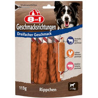 Produktbild von 8in1 Triple Flavour Ribs Kausstangen für Hunde mit Schwein Rind und Huhn ohne Konservierungsstoffe und Zucker