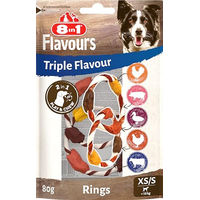 Produktbild von 8in1 Triple Flavour Rings XS/S Kausnacks für kleine Hunde mit Schwein Rind Huhn und Ente ohne Zucker und Farbstoffe 80g - 80 g