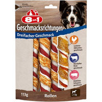 Produktbild von 8in1 Triple Flavour Rolls Kaustangen für Hunde mit Schwein, Rind und Huhn getreidefrei und ohne Zucker