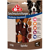 Produktbild von 8in1 Triple Flavour Skewers Kausnacks für Hunde mit Schwein Rind Huhn und Ente ohne Konservierungsstoffe und Zucker
