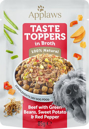 Produktbild von Applaws Taste Toppers Pouch in Brühe Rind mit grünen Bohnen, Süßkartoffel & roter Paprika - 12 x 85 g