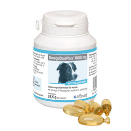 Produktbild von Alfavet OmegaDuoPlus 1000 mg Omega-3 EPA DHA Fischöl Nahrungsergänzung für Hunde zur Unterstützung von Haut und Fell - 60 x 1000 mg