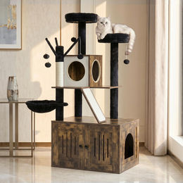 ALIGHTUP Katzenbaum mit Katzenklo Schrank, 135 cm hoch, mit Liegemulde, Kratzstämmen und Plüschbällen, Dunkelbraun – Bild 1 von 4
