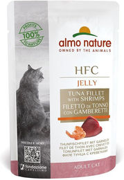 Produktbild von Almo Nature HFC Katzenfutter Stückchen in Gelee Thunfischfilet mit Garnelen für Adult 24x55g