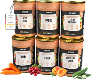 alphazoo Hund Nassfutter Probierpaket 6x400g Monoprotein Rind Huhn Pferd getreidefrei Stückchen in Sauce – Bild 1 von 7