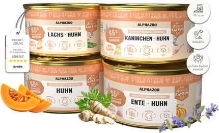 alphazoo Probierschmaus Nassfutter für Katzen 4x200g – Getreidefreies Probierpaket mit Huhn, Lachs, Kaninchen und Ente in Sauce – Bild 1 von 2