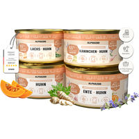 Produktbild von alphazoo Probierschmaus Nassfutter für Katzen 4x200g – Getreidefreies Probierpaket mit Huhn, Lachs, Kaninchen und Ente in Sauce