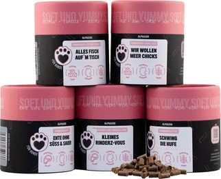 alphazoo Probierset Hundeleckerli Bundle mit 5 Sorten Ente Rind Pferd Huhn und Fisch getreidefrei und ohne Zucker - 5 x 65 g – Bild 1 von 4