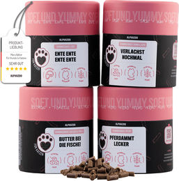 alphazoo Probierset Katzen Leckerli Bundle mit 4 Sorten Ente, Pferd, Seelachs, Forelle, Lachs und Huhn ohne Zucker und Getreide - 4 x 65 g – Bild 1 von 5