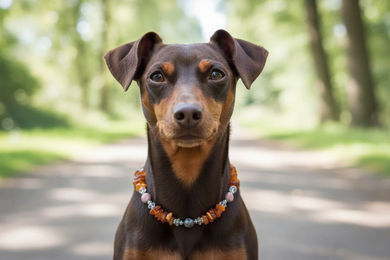 Produktbild von AMBERDOG Bernsteinkette für kleine Hunde mit Rhodonit und Bergkristall 28cm