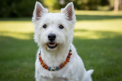 Produktbild von Amberdog Halsband für Hunde aus Naturbernstein mit Edelsteinen in Gelb Länge 38cm
