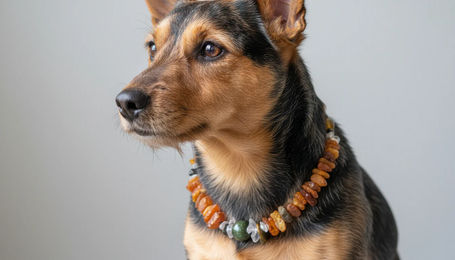 Produktbild von Amberdog Halskette für Hunde aus Bernstein mit Bergkristall und Tigerauge 31cm
