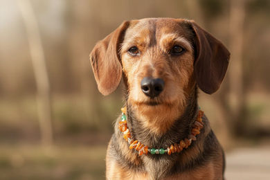 Produktbild von Amberdog Hundehalsband aus Naturmaterial Bernstein und Jade in Braun Gelb Grün Größe S 30cm