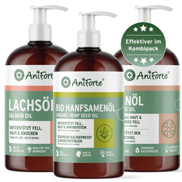 Produktbild von AniForte BARF-Öl Set mit Lachsöl, Leinöl und Hanföl 1500ml