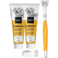 Produktbild von Animigo Denti-Care Zahnpflege Set für Hunde mit 2x 100g Zahnpasta und Zahnbürsten ohne Zucker und künstliche Farbstoffe oder Aromen - 2 x 100 g