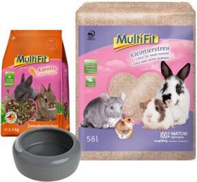 Produktbild von AniOne MultiFit Zwergkaninchen Geschenk-Set 3-teilig mit Keramik und Hauptfutter ohne Zucker und Konservierungsstoffe
