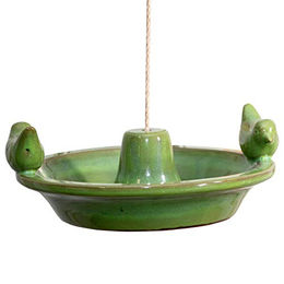 Antikas Vogeltränke und Vogelbad aus Keramik in Grün hängend rund – Bild 1 von 7