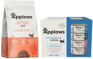 Produktbild von Applaws Adult Katzenfutter Mischpaket Huhn mit Lachs 2kg und 12x70g Fischauswahl getreidefrei und glutenfrei - 12 x 70 g