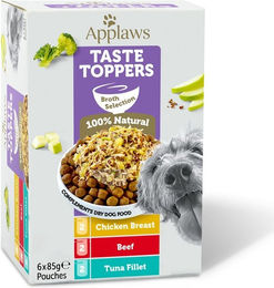 Produktbild von Applaws Dog Taste Toppers Hundeverwöhnung Multipack mit Huhn Rind und Thunfisch in Brühe 6x85g