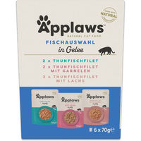 Produktbild von Applaws Probierpaket Katzen Nassfutter Stückchen in Gelee Mix mit Fisch Thunfisch Lachs Garnele Glutenfrei 24 x 70 g