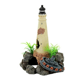 Produktbild von aquatlantis Zierfigur Leuchtturm mit Boot für Fische aus Kunstharz in Beige