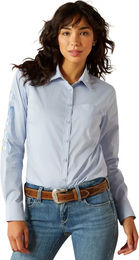 Ariat Reitshirt Damen Team Kirby Stretch Blau Baumwolle Größe L – Bild 1 von 9