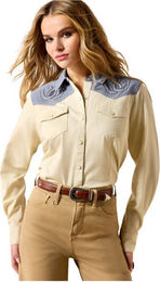 Ariat Westernshirt Horseshoe Reitshirt für Damen aus Baumwolle Blau Beige Größe M – Bild 1 von 4