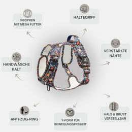 Produktbild von Arizona Hotdogs Hunde-Griffgeschirr aus Neopren Y-Geschirr Buntes Blattmuster Größe S