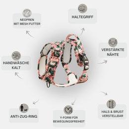 Produktbild von Arizona Hotdogs Tropicool Hunde-Griffgeschirr aus Neopren Y-Geschirr Buntes Blattmuster Pink Größe S