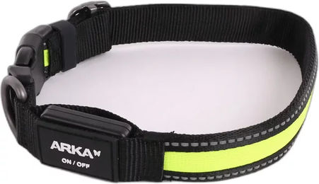 Produktbild von Arka Leuchthalsband für Hunde aus Nylon mit USB-Akkuladung in Gelb und Schwarz