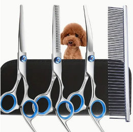 autolock Hundeschermaschine und Scheren-Set für Hund und Katze mit Edelstahl-Schere, gebogener Schere, gerader Schere und Fellpflegekamm in Blau und Silber – Bild 1 von 4