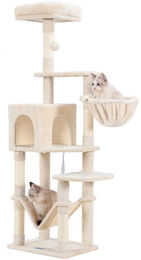 Azomor Kratzbaum für Katzen in Beige und Weiß mit Sitzgelegenheit und Plattform aus Holzspanplatte, Plüsch und Sisal – Bild 1 von 1