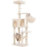 Produktbild von Azomor Kratzbaum für Katzen in Beige und Weiß mit Sitzgelegenheit und Plattform aus Holzspanplatte, Plüsch und Sisal