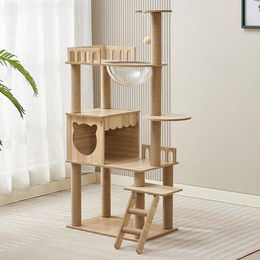Azomor Kratzsäule aus Holz für Katzen mit Beobachtungsterrasse in Weiß und Beige – Bild 1 von 1
