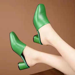 Produktbild von Baotou Halbschuhe Damen Sommer Oberbekleidung Einfarbig Quadratische Zehenpartie Dicker Absatz Hochhackige Damenschuhe 35 grün