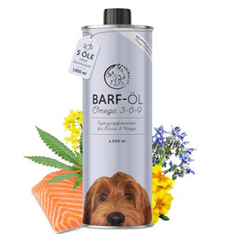 Produktbild von Barf Öl für Hunde mit Omega 3-6-9 aus Lachsöl, Rapsöl, Hanföl & Borretschöl - 1000 ml