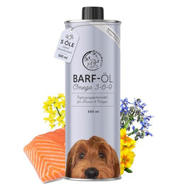 Produktbild von Barf Öl für Hunde mit Omega 3-6-9 aus Lachsöl, Rapsöl, Hanföl & Borretschöl - 500 ml