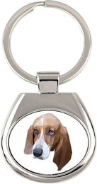 Produktbild von Basset Hound Geometrischer Schlüsselanhänger mit Foto und Aufschrift Art-Dog weiß