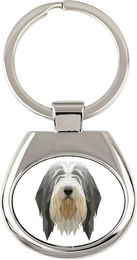 Produktbild von Bearded Collie Geometrischer Schlüsselanhänger mit Foto und Schriftzug Art-Dog weiß