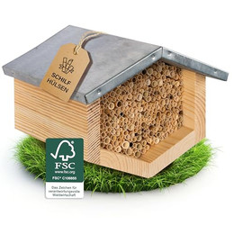 Produktbild von BEESI Bienenhotel mit wetterfestem Metalldach und Schilf-Nisthülsen