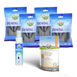 Produktbild von Bellfor Sparset für eine optimale Zahnpflege beim Hund - Dental Pulver 80 g + Dental Sticks 4 x 100 g + Dental Spray 100 ml