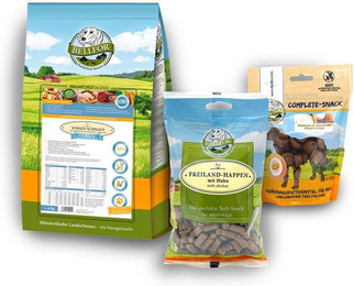 Produktbild von Bellfor Welpenfutter Set für große Rassen - Wiesen-Schmaus Junior 4 kg + Freiland-Happen 200g + Gelenke &amp; Knochen Complete-Snack 150g