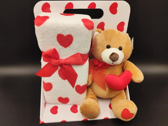 Produktbild von BEMIRO Tierkuscheltier Teddy mit Herz und Kuscheldecke