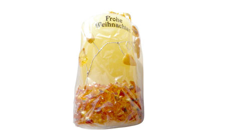 Produktbild von Bernstein Weihnachtskerze – Handgemachte Geschenk-Kerze mit echtem Bernstein & Schriftzug „Frohe Weihnachten“